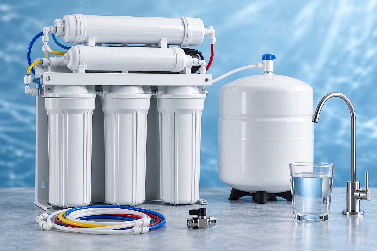 Editorial view of a traditional reverse-osmosis system with storage tank and faucet