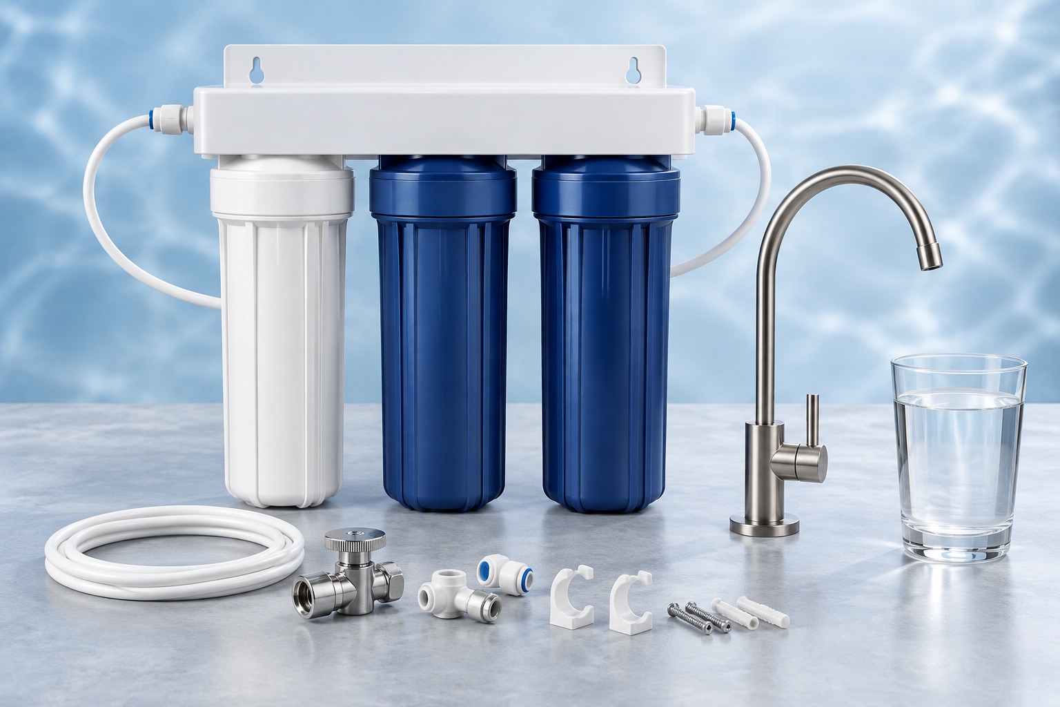 Editorial view of a compact three-stage under-sink water filter and faucet