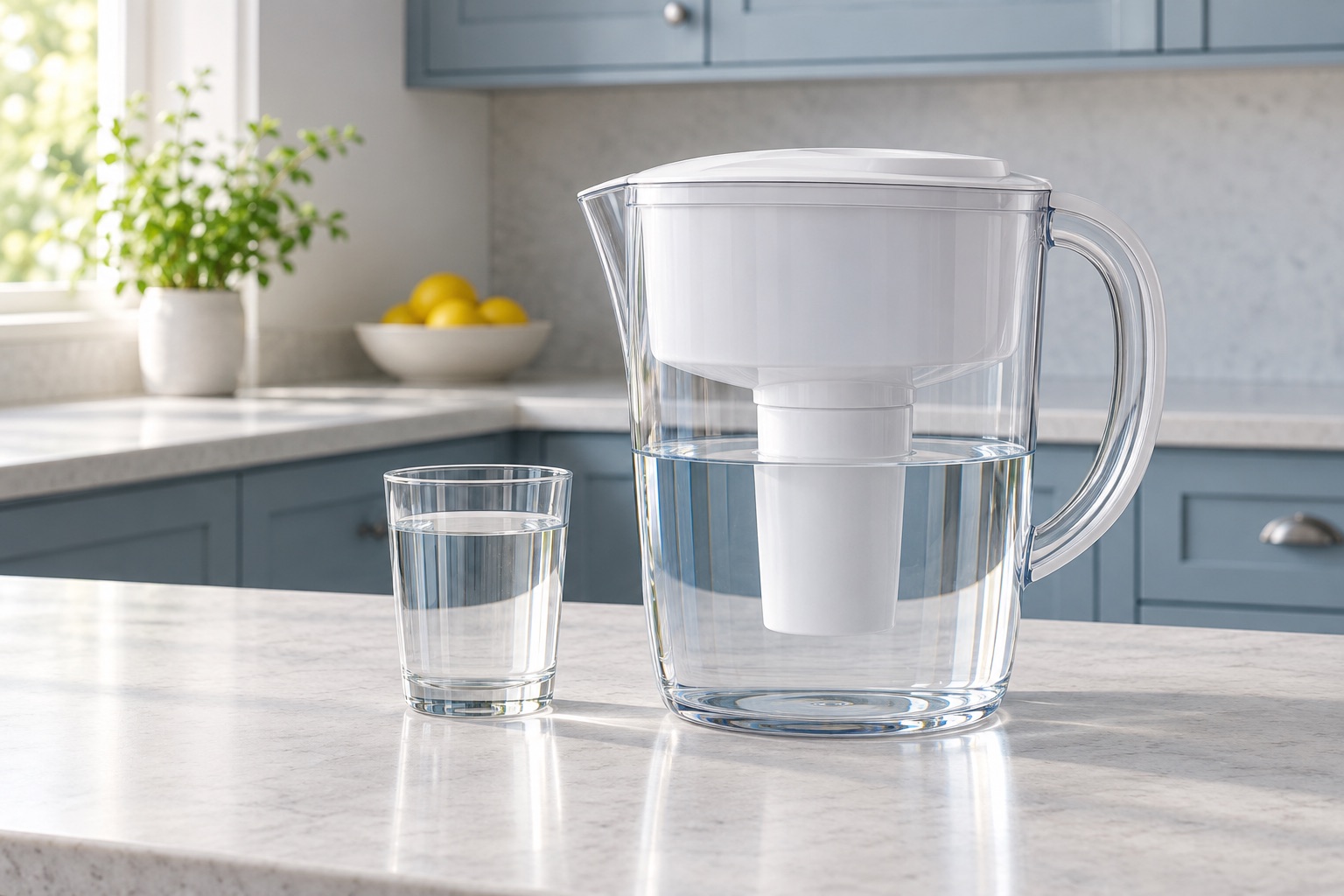 Editorial view of a clear water filter pitcher and drinking glass