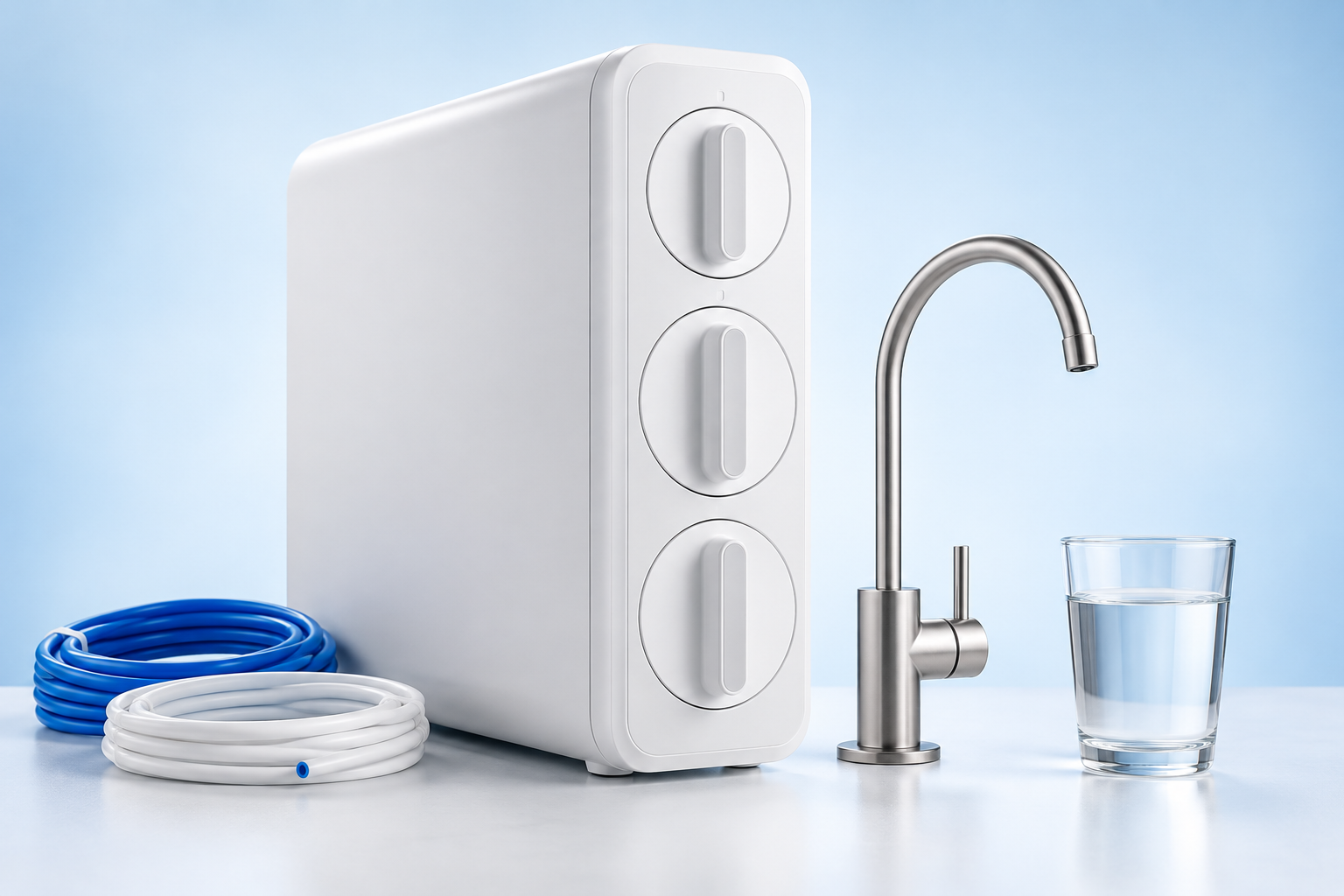Editorial view of a tankless reverse-osmosis system with faucet and tubing
